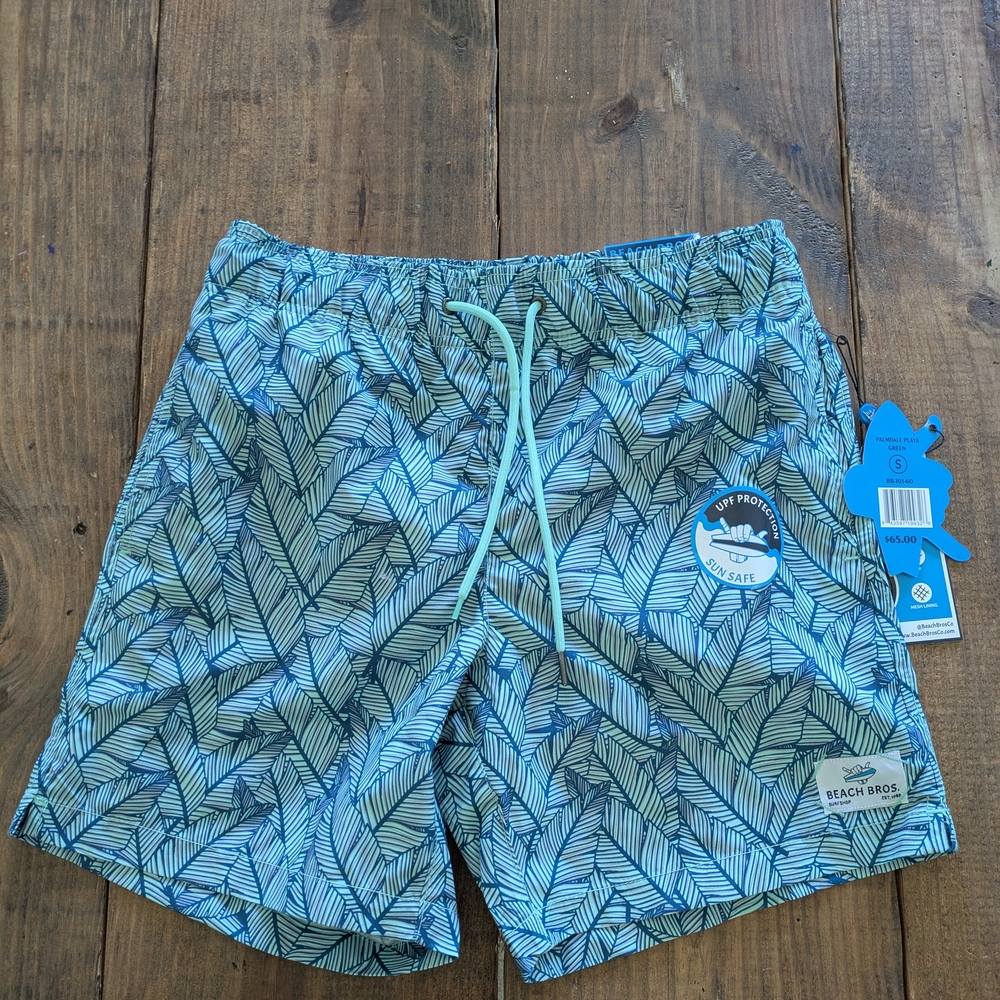Blue Leaf Print Swim Trunks